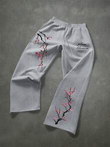 Manfinity EMRG 男士抽绳腰樱花印花运动裤 - 灰色 - 查看 4