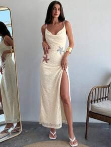 Aloruh Apricot Knit Slip Dress, Elegant Vacation Dress - Apricot - View 4