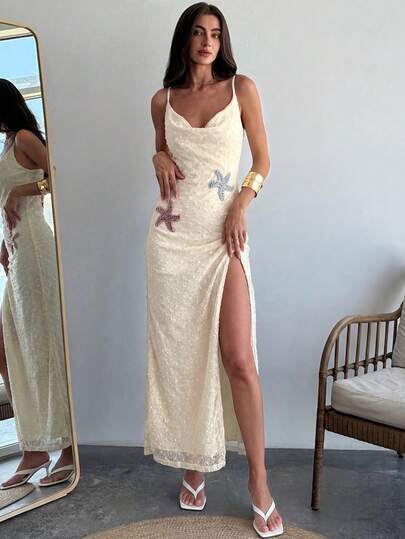 Aloruh Apricot Knit Slip Dress, Elegant Vacation Dress