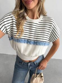 SHEIN Navy Stripe Short Sleeve Denim Jacquard Tshirt Sweater - Apricot - View 7