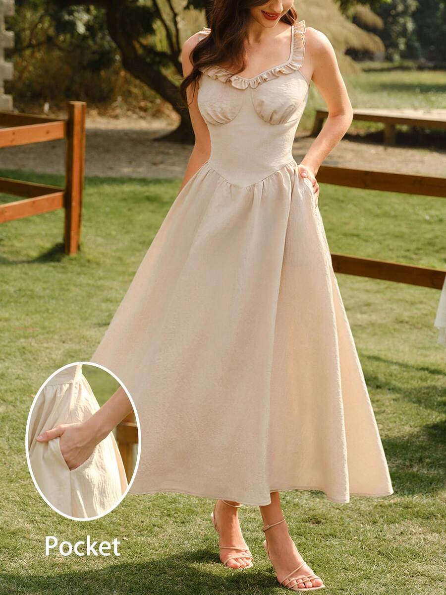 Vintamour Vintage Classic Elegant Floral Ruffle Hem Fit & Flare Dress, Apricot Color Umbrella Skirt Slip Dress For Spring/Summer - Apricot - View 1