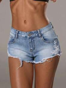 TRNVIE Fashionable Casual Distressed Low-Rise Denim Shorts - Light Wash - View 8