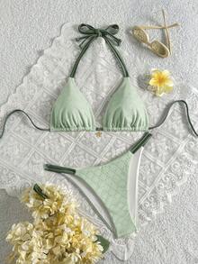Swim Mod 女士夏季沙滩拼接露背系带性感比基尼和三角泳裤套装 - 彩色 - 查看 1