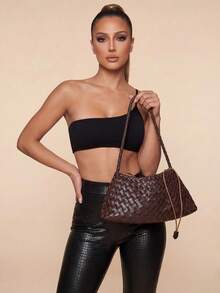 Glamine 2026新款咖啡色纯手工编织包 度假风单肩包、腋下包、母婴包、手提包 商务女士休闲时尚日常通勤包，适合工作、购物、约会、旅行、大学生、女士包、日常使用（不含配件） - 咖啡 - 查看 5