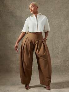 Vixey High Waist Pleated Detail Barrel Leg Office Pants, Office Work Wear - Brown - View 2