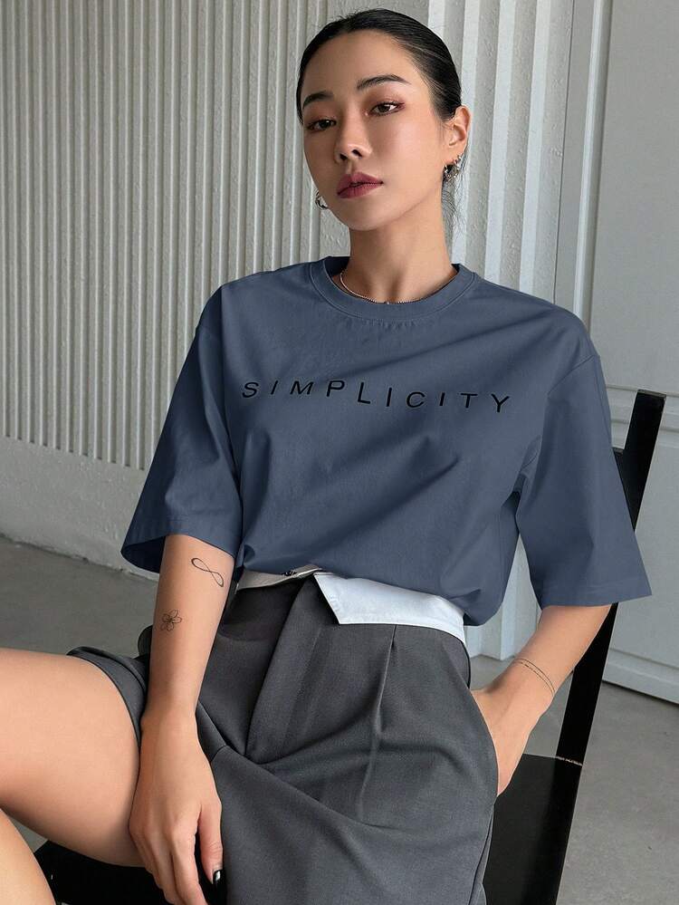 Letter Print Loose Fit Round Neck Short Sleeve T-Shirt For Women Summer