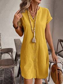 EMERY ROSE 女士纯色单排扣V领时尚约会派对迷你连衣裙芥末黄连衣裙女士休闲连衣裙夏季休闲连衣裙100%纯棉连衣裙女士夏季连衣裙100%纯棉服装女士连衣裙亚麻连衣裙女士夏季服装女士休闲连衣裙度假装女士度假连衣裙女士夏季休闲连衣裙 - 黃色 - 查看 3