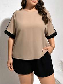 Enliva Plus Size Women's Summer Casual Resort Shorts And Shirt Set, Summer Two Pieces Set, Style Summer Two Pieces Set, Shorts Set,Mother Day Outfit,Women Two Pieces Sets, Summer Clothes,Work Set,Outfit Sets, For Apple And Rounded Body Shape - Khaki - View 5