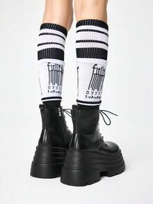 ROMWE Goth 2026秋冬新款女士高跟凉鞋，朋克风深色PU圆头内增高靴，厚底小靴，百搭松饼踝靴，薄靴 - 黑色 - 查看 5