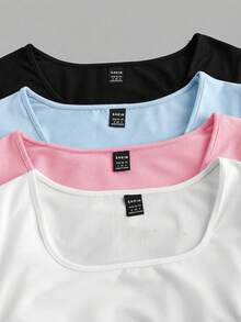 SHEIN EZwear 4件套休闲简约纯色舒适圆领短袖T恤，适合春夏穿着；3件装紧身短袖上衣，修身显瘦，夏季上衣 - 彩色 - 查看 11