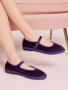 CUCCOO DOLLMOD 女士鞋款 紫罗兰时尚丝绒玛丽珍圆头平底鞋 通勤 约会 派对 购物 大学 可爱甜美 - 紫羅蘭色 - 查看 2