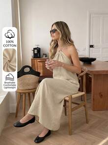 Easowa Vestido casual de verano sin espalda con cuello halter de unicolor para mujer - Albaricoque - Ver 3