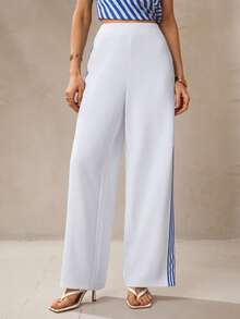 NOVVYNE 女士优雅条纹拼接直筒阔腿裤 - 白色 - 查看 4
