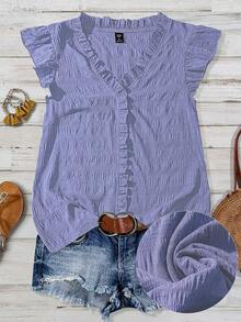 SHEIN JORESS Plus Size Women's Solid Color Textured V-Neck Ruffle Trim Petal Sleeve Fitted Casual Regular Blouse - Lilac Purple - View 1