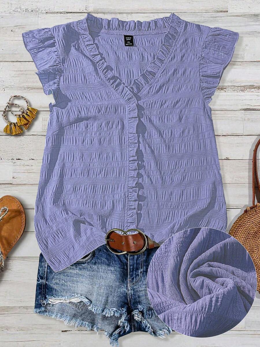 SHEIN JORESS Plus Size Women's Solid Color Textured V-Neck Ruffle Trim Petal Sleeve Fitted Casual Regular Blouse - Lilac Purple - View 1