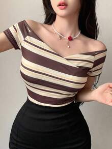 DAZY Áo thun ngắn tay trễ vai kẻ sọc kiểu dáng thường ngày, thích hợp cho mùa hè. - màu nâu - Xem 4