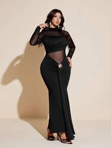 Viva Relle Plus Size Black Mesh Patchwork Long Sleeve Dress,Elegant Formal Evening Autumn Women's Slim-Fit Waist-Cinched Bodycon Fishtail Dress,Formal Minimalist - Black - View 6