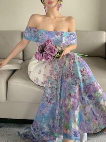 DAZY 女士优雅性感休闲长款印花露肩短袖连衣裙，夏季 - 綠色 - 查看 1