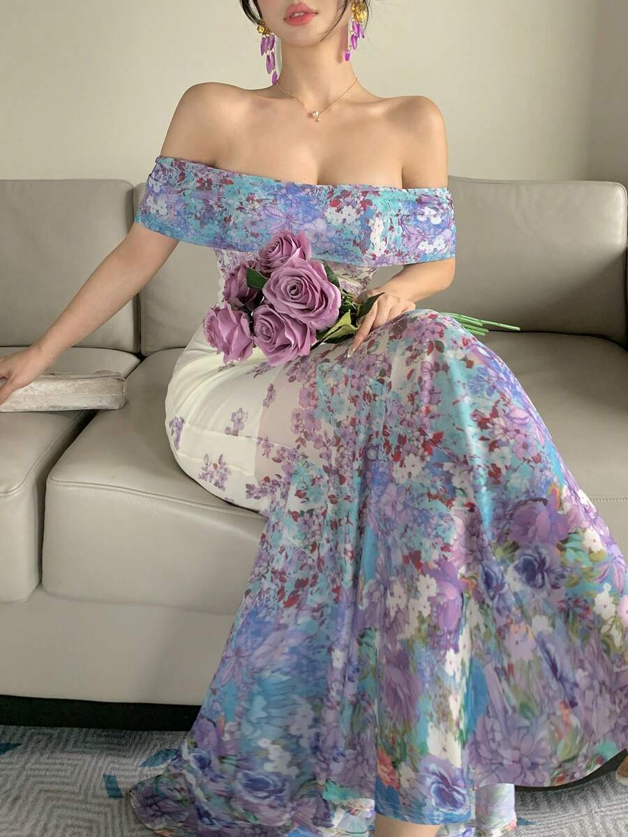 DAZY 女士优雅性感休闲长款印花露肩短袖连衣裙，夏季 - 綠色 - 查看 1