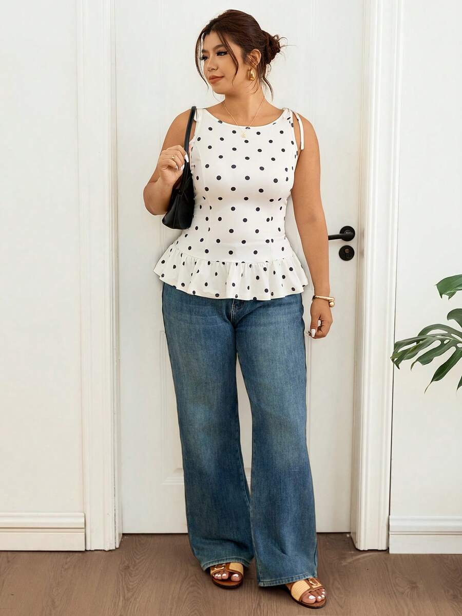 Lounesse 大码女式黑色波点系带肩部设计休闲T恤，修身下摆宽松版型，日常百搭上衣 - 黑與白 - 查看 1