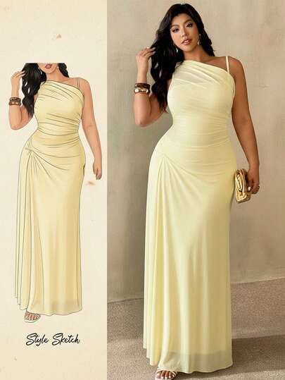 Auralis Plus Size Women's Elegant Minimalist Chic Fashion Basic Ins-Style Dress, Suitable For Office, Commute, Music Festival, Beach Vacation, Featuring Sheer Mesh, Asymmetric Neckline, Ruched, Bodycon, Sleeveless, Maxi Length/Yellow Off-Shoulder Halter-Neck, Fitted Waist, Pleated Design For A Slimming Effect / Plus-Size Mesh See-Through High-Elastic Long Dress Wedding Dress For Women
