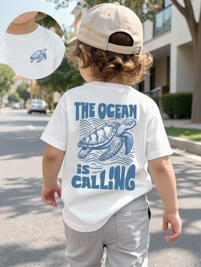 SHEIN GraphicGems Camiseta básica de manga corta para niño pequeño, con estampados gráficos de tortuga marina, línea de olas y eslogan, en estilos cómodos y frescos apropiados para primavera, verano y otoño