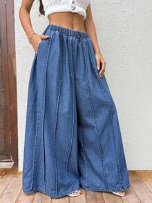 Sunnyshic Quần jeans ống rộng cạp chun thời trang thường ngày - Rửa tối - Xem 4