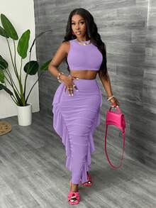 Slaydiva 夏季度假沙滩派对圆领无袖露背可调节腰带露脐上衣和荷叶边长裙两件套，纯色针织女装 - 紫色 - 查看 4