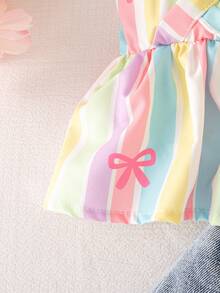 SHEIN Playful Pals 2件套女婴外出服，春夏休闲可爱风，蝴蝶结印花无袖吊带上衣和蝴蝶结装饰短牛仔裤 - 粉色 - 查看 7