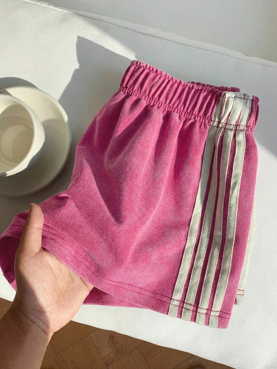 SHEIN EZwear 大码女式弹力腰撞色休闲百搭日常短裤 - 玫紅色 - 查看 1