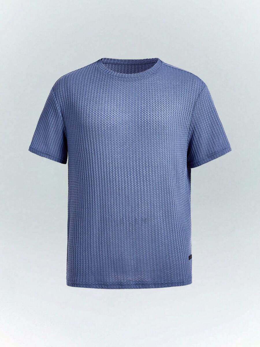 Driftmere 宽松男士纯色华夫格针织圆领休闲T恤 - 霧霾藍 - 查看 1