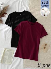 Tseoso 两件套休闲简约基础款圆领短袖打底衫，黑色和酒红色，春夏款 - 彩色 - 查看 11