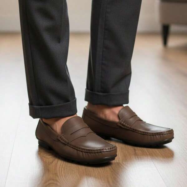 Mocasines café clásicos para hombre, hechos en piel de res, elegantes y cómodos, sin cordones. Mocasines casuales modernos para hombre con material de alta calidad