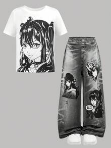 女童休闲圆领可爱卡通印花T恤和喇叭裤套装 - 彩色 - 查看 2