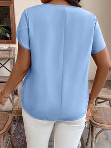 Breezaya 大码休闲纯色短袖衬衫 - 藍色 - 查看 2