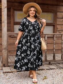 SHEIN CURVE+ Đầm dự tiệc dành cho nữ, cỡ US22, chất liệu vải thêu họa tiết cây cỏ, phong cách Bohemia, chất liệu bền chắc, thích hợp cho lễ hội âm nhạc, kỳ nghỉ biển. - màu đen - Xem 8