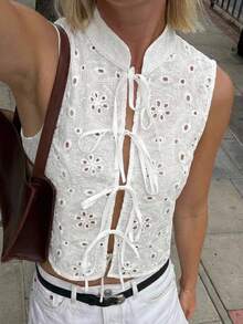 SHEIN EZwear Music Festival Women's Summer Vacation Sexy White Woven Hollow Out Embroidery Front Tie Cardigan - White - View 8