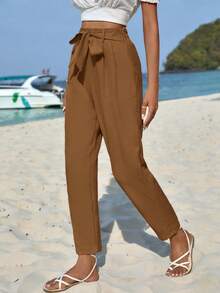 EURMUSE Belted Cropped Pants - Brown - View 3