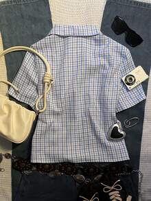 SHEIN Áo sơ mi nữ tay ngắn kẻ caro phong cách retro, cổ polo, kiểu dáng thoải mái, phù hợp mặc hàng ngày, đi học, làm quà tặng bạn bè hoặc phối đồ. - Nhiều màu - Xem 2