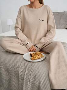 Loomlin 2pcs Cotton Contrast Piping With Eye Embroidery Detail Homwear Set - Beige - View 5