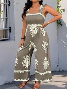 SHEIN PETITE Bộ áo liền quần dáng suông in họa tiết Totem, dây thun co giãn, cỡ lớn, thích hợp cho phụ nữ thấp bé, kiểu dáng rộng rãi và thoải mái, thích hợp mặc mùa hè. Áo liền quần cho nữ, trang phục mùa hè cho nữ. - Nhiều màu - Xem 7