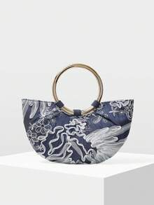 MOTF PREMIUM BOLSO DE MANO PARA MUJER, BOLSO DE TOTE SEMI-REDONDO CON BORDADO DELICADO - Azul Marino - Ver 3
