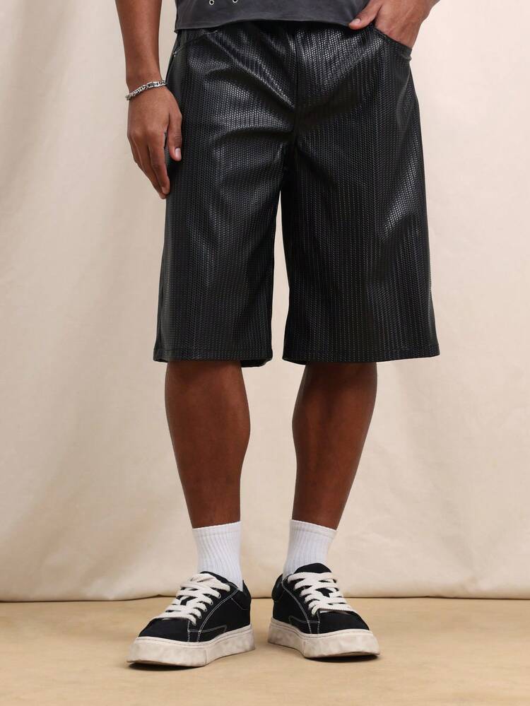 SUMWON Men's Textured Faux Leather Perforated Shorts With Side Pockets And Regular Fit For Casual Summer Style