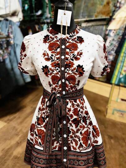 Franclia Bohemian Style Women's Dress, Vintage Floral Print Dress: French Romantic Vibe, Puff Sleeves + Waist Cinching Design Showcase A Relaxed And Elegant Look, Suitable For City Strolls, Cafe Dates, Or European-Inspired Outings, Effortlessly Exuding A Laidback Yet Chic French Ambiance. Boho Dress Women Paisley Print Dress Boho Two Piece Set Two Piece Set Women Short Sleeve Boho Blouse Printed Dress Pattern Dress Patch Work Dress French Style Dress