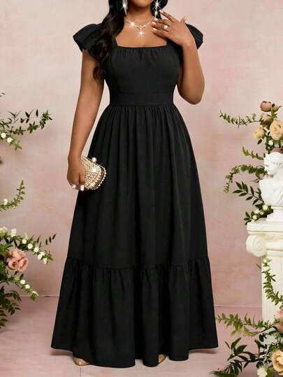 Fleurora Plus Size Elegant Solid Color Dress, Summer Vacation Outfits Women Ruffle Dress Black Dress Vacation Outfits Women Beach Dress Summer Dress