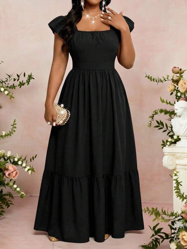 Fleurora Plus Size Elegant Solid Color Dress, Summer Vacation Outfits Women Ruffle Dress Black Dress Vacation Outfits Women Beach Dress Summer Dress
