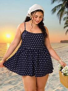 SHEIN CURVE+ Curve 尺码 US22 音乐节、海滨度假、波西米亚海军蓝波点编织吊带背心（女款） - 藍色 - 查看 6