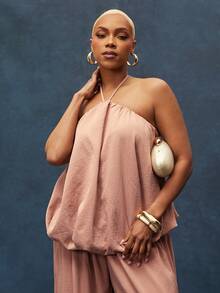 Textured Woven Bubble Hem Open Back Halter Top - Dusty Pink - View 2