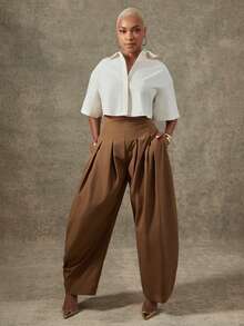 Vixey High Waist Pleated Detail Barrel Leg Office Pants, Office Work Wear - Brown - View 3