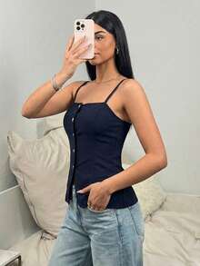 Top Casual de Tirantes Finos, Detalle de Botones Frontales, Cómodo y Elegante - Azul Marino - Ver 4